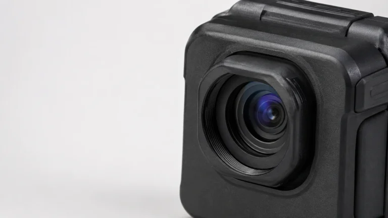 Close view of a body camera lens showing the coated glass element