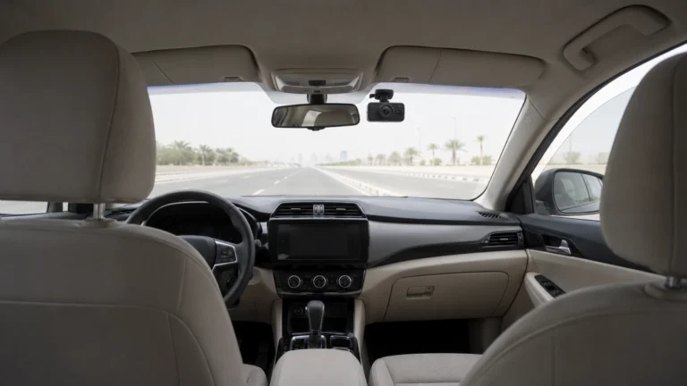 Dash camera mounted on the windscreen of a car travelling a UAE highway, seen from the rear seats