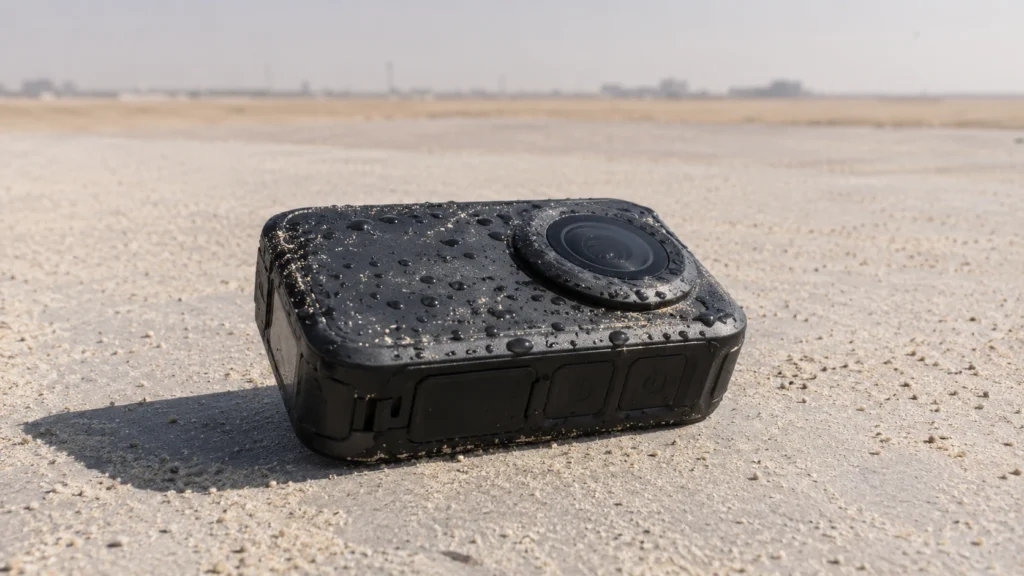 Body camera covered in water droplets and sand, resting on desert ground