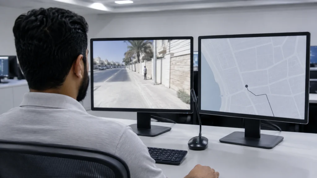 Control room operator watching a live body camera stream beside a map showing the position it is coming from