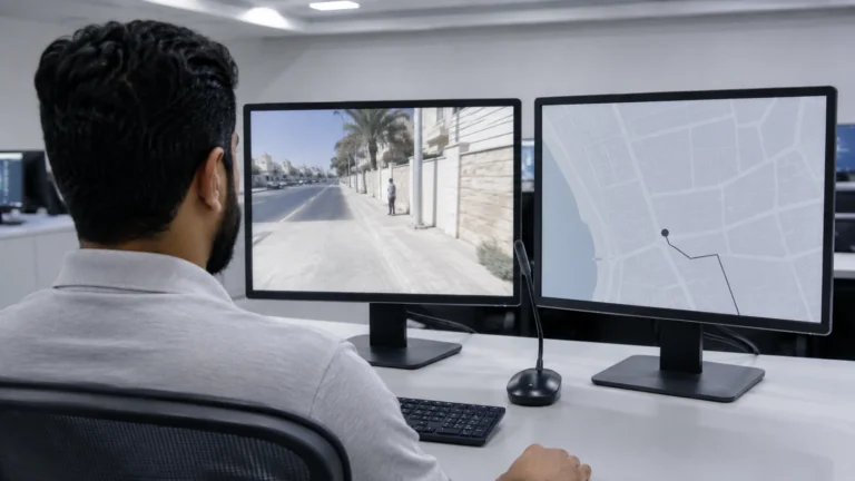 Control room operator watching a live body camera stream beside a map showing where it is coming from