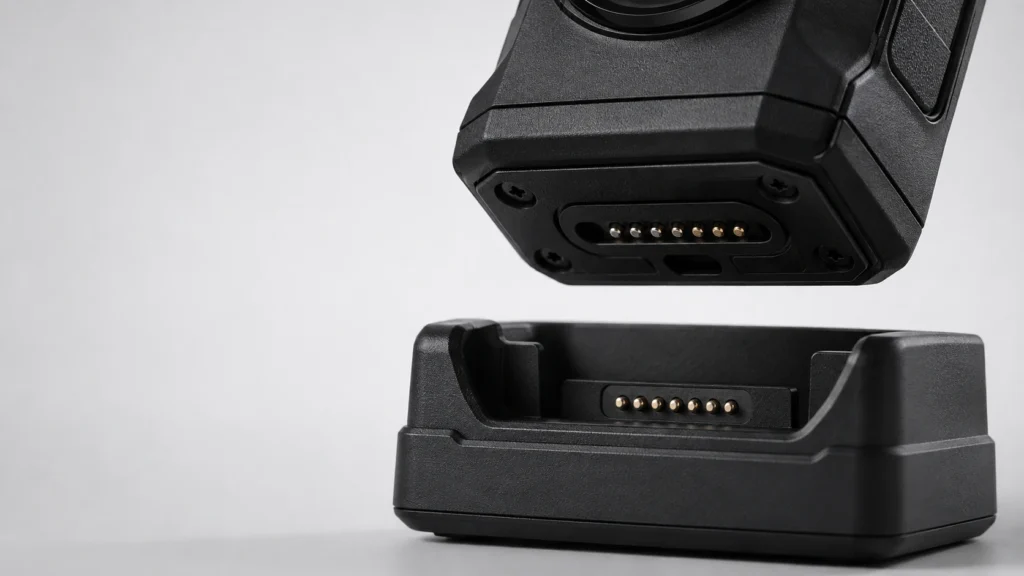 Body camera lowering onto a docking station with the gold charging and data contacts aligned