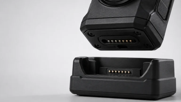 Body camera lowering onto a docking station with the charging and data contacts aligned
