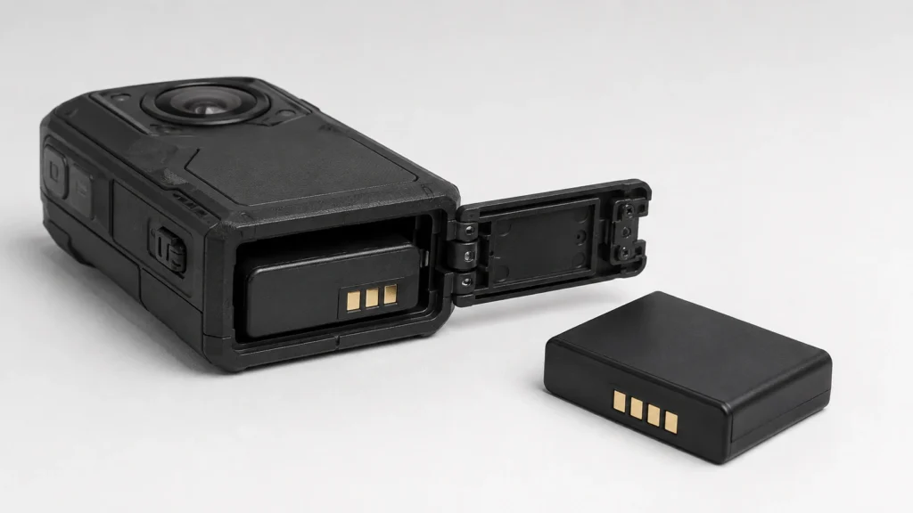 Body camera with its battery door open beside a spare battery