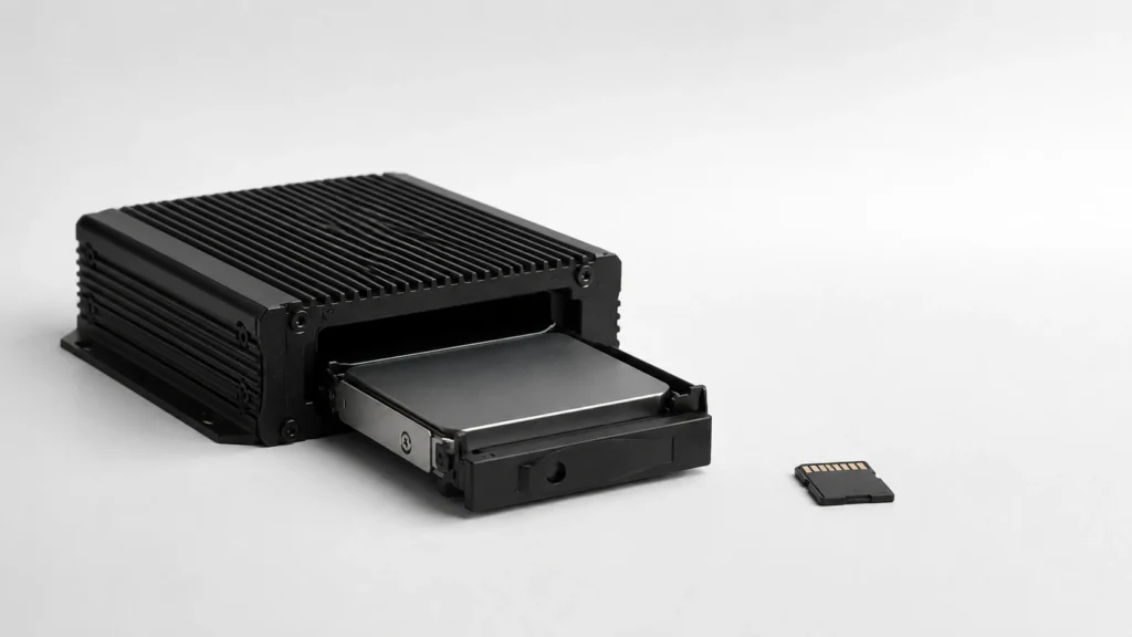 Mobile DVR with its hard-drive caddy pulled out, beside an SD card