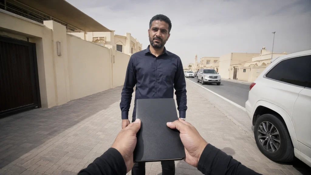 First-person view from a chest-mounted body camera as a document is handed to a man on a UAE residential street