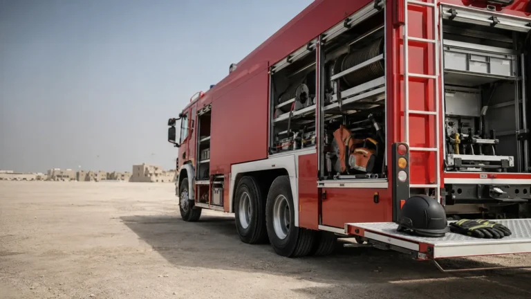 Fire appliance with its equipment lockers open at an incident ground