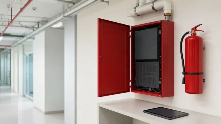 Hose reel cabinet and extinguisher on an inspection round, with a tablet on the ledge