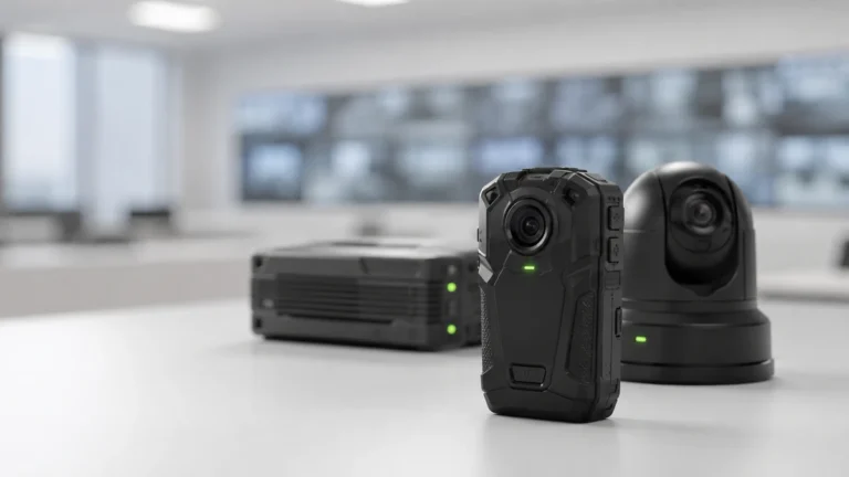 Body camera, mobile DVR and PTZ dome camera in front of a control room monitor wall