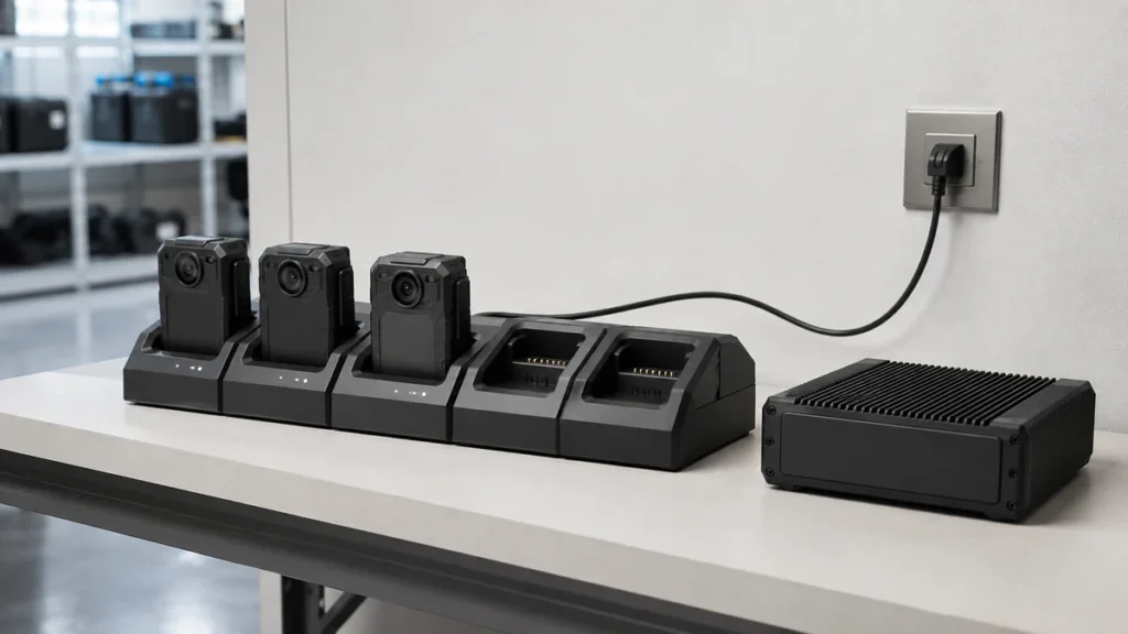 Body cameras charging in a multi-bay docking station at the start of a shift