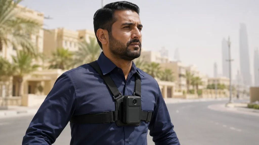 Officer on patrol in the UAE wearing a body camera on a chest harness