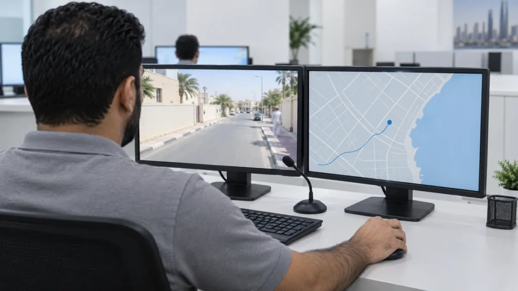 Control room operator watching a live body camera stream beside a location map