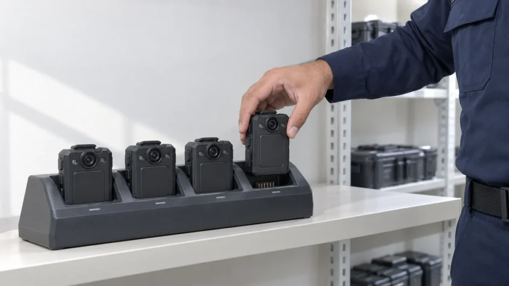 Officer returning a body camera to its docking station at the end of the shift