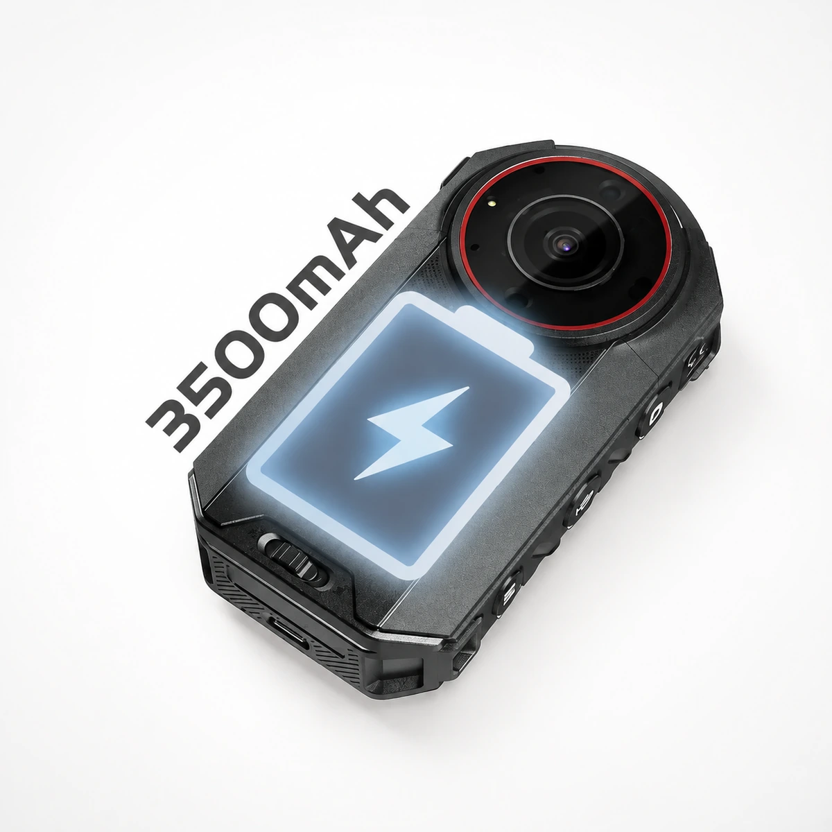 Hytera SC880 5G body camera with a battery icon, illustrating its 3,500 mAh replaceable battery