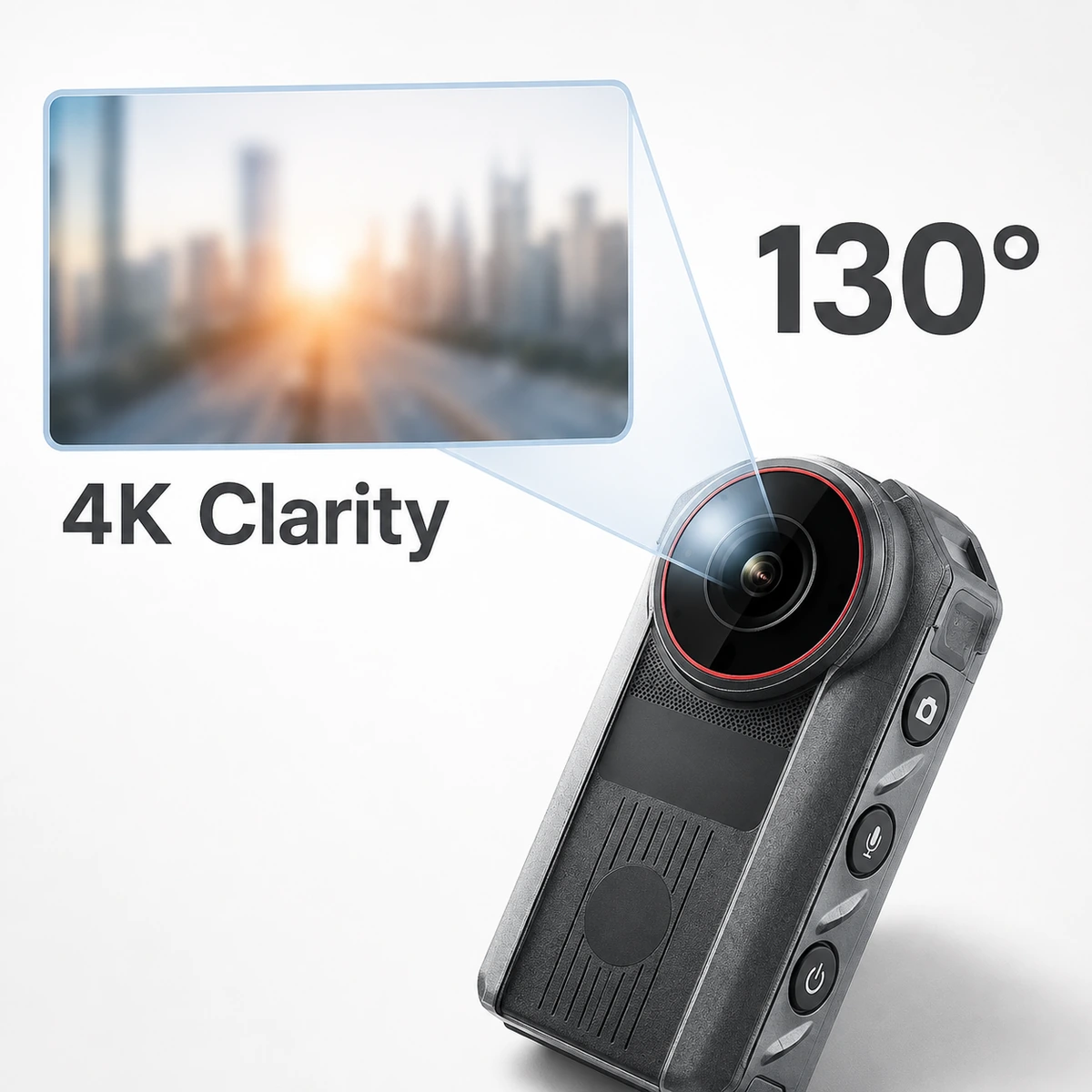 Hytera SC880 5G body camera lens, illustrating 4K clarity and its 130 degree diagonal field of view
