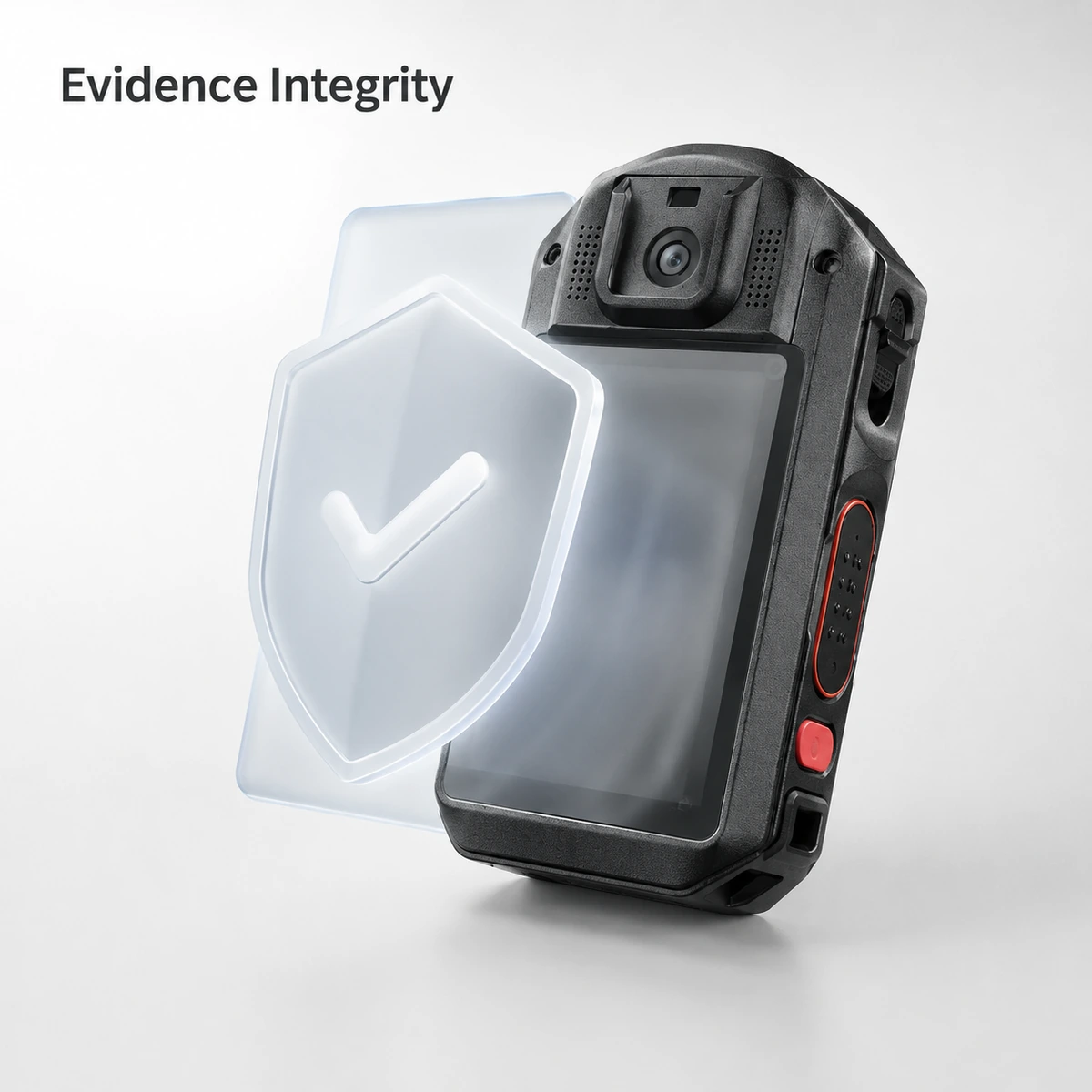 Hytera SC880 body camera behind a shield and tick, illustrating digital signature verification and hash generation for evidence integrity