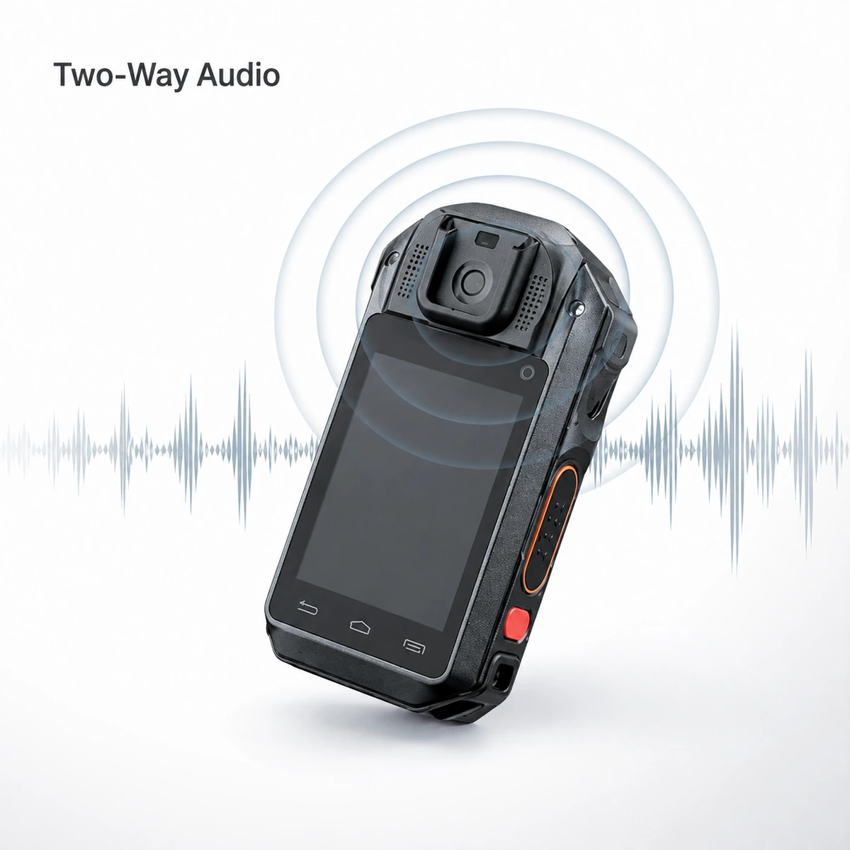 Hytera SC880 body camera with sound waves, illustrating two-way audio and push to talk over cellular