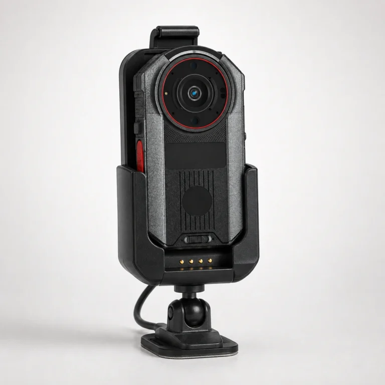 Hytera SC880 body camera seated in a powered vehicle cradle, showing the four charging contacts at the base of the holder and the ball joint mount it sits on