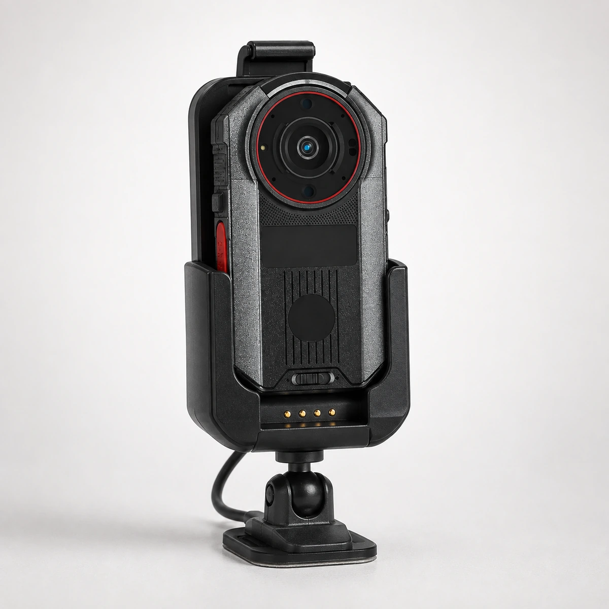 Hytera SC880 body camera seated in a powered vehicle cradle, showing the four charging contacts at the base of the holder and the ball joint mount it sits on