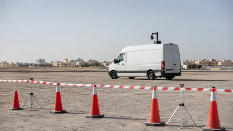 Incident command vehicle with a mast behind a taped cordon and traffic cones