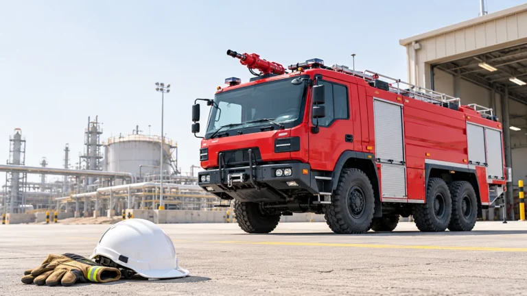 Industrial fire appliance at a plant with a hard hat and gloves in the foreground