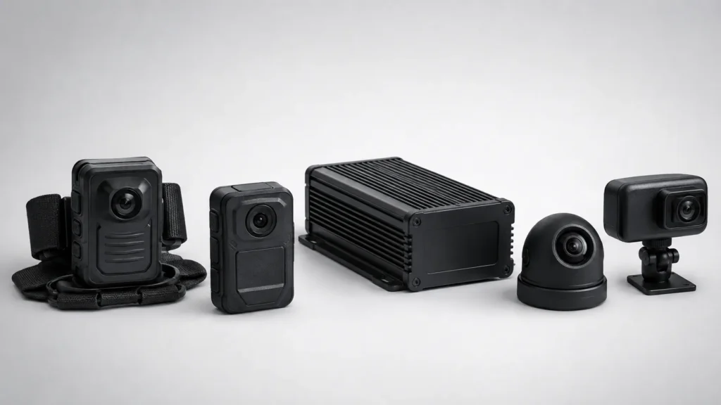 Body-worn cameras, a vehicle recorder, a dome camera and a compact vehicle camera side by side