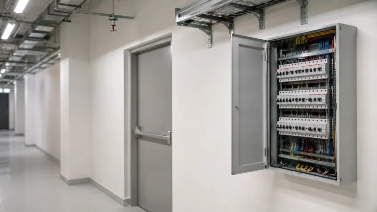 Open electrical distribution board, fire door and sprinkler head in a building service corridor
