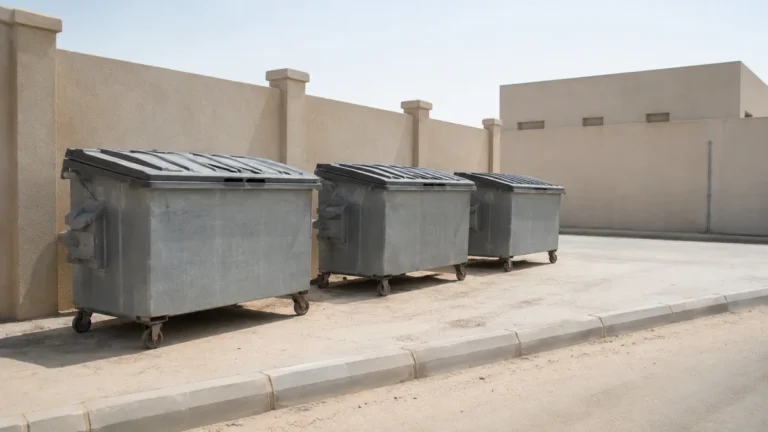 Row of metal waste containers standing against a boundary wall at the kerbside