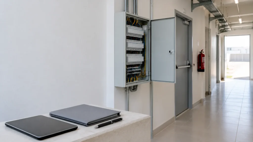 Tablet and inspection folder on a ledge beside an open electrical distribution panel in a building service corridor