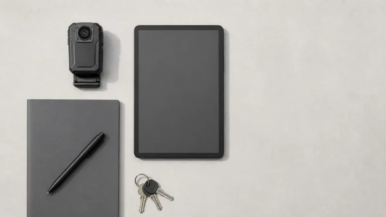 Body camera laid out with a tablet, notebook and keys as an inspector field kit