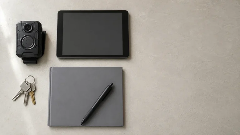 Body camera beside a tablet and inspection notebook on a desk