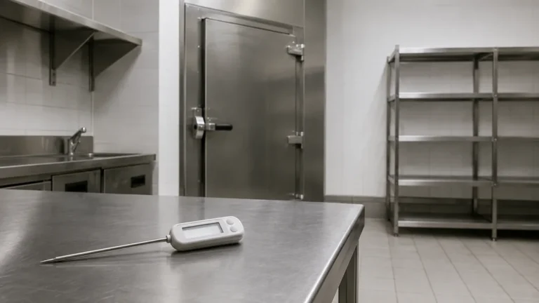 Probe thermometer on a stainless steel preparation counter beside the cold store door in a commercial kitchen