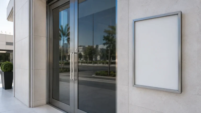 Glass entrance doors of a commercial premises with a blank licence display frame mounted beside them