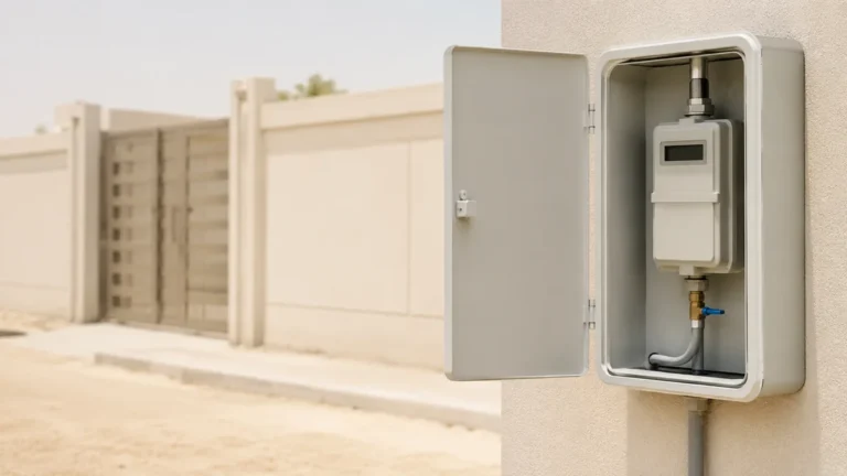 Open utility meter cabinet on an exterior wall, showing the meter and its isolation valve
