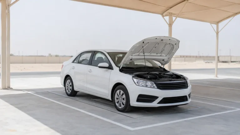 Car with its bonnet raised on the inspection bay of a vehicle testing lane