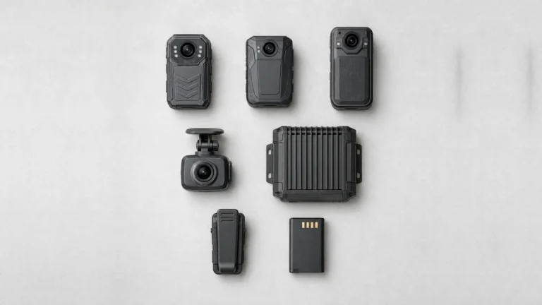 Three body-worn cameras, a dash camera, a mobile DVR, a belt clip and a spare battery laid out on a pale grey surface