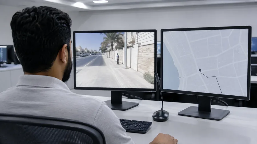 Control room operator watching a live body camera stream and position map in Dubai