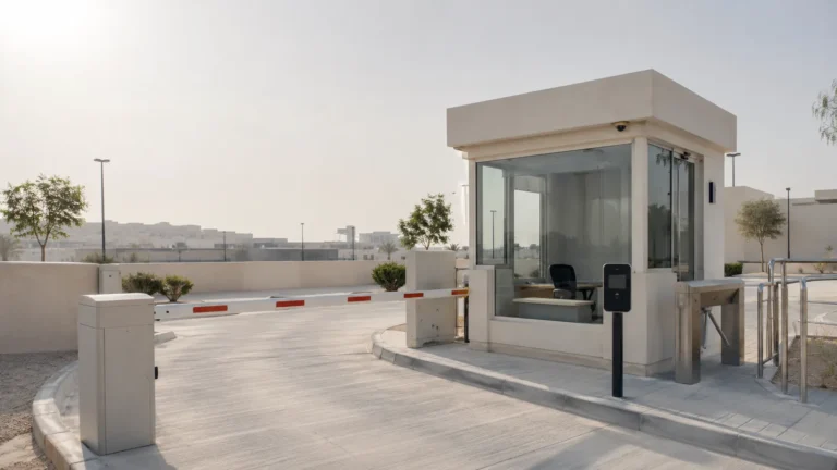 Guard booth with a boom barrier and turnstiles at a site entrance