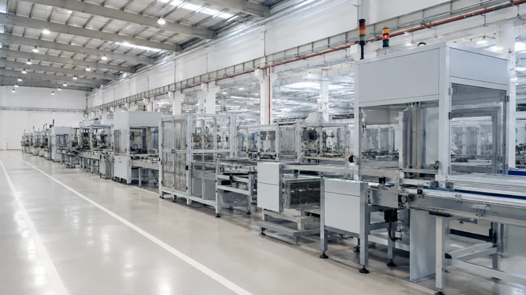 Automated production line running the length of a manufacturing plant hall