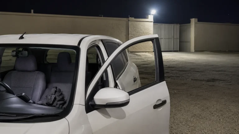 Patrol vehicle at night with its door open and body camera kit on the seat at a walled compound