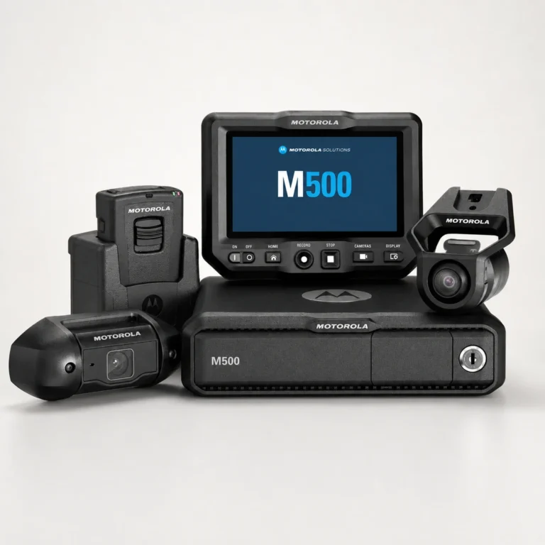 Motorola M500 in car video system, the full kit: the core processor, the five inch touchscreen control panel, the front and cabin cameras and a body camera