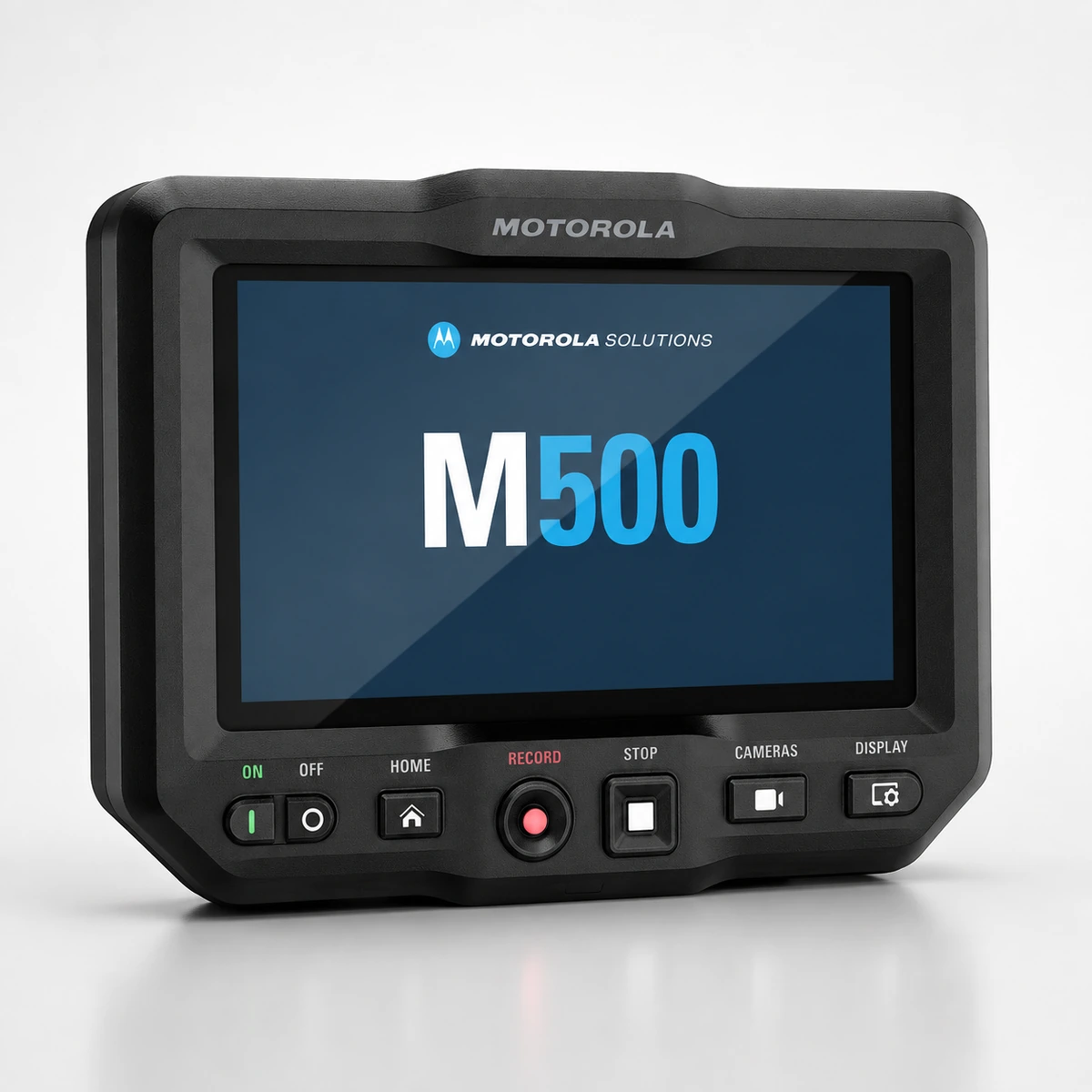 Motorola M500 touchscreen control panel showing the M500 start screen, with dedicated on, off, home, record, stop, cameras and display buttons below it