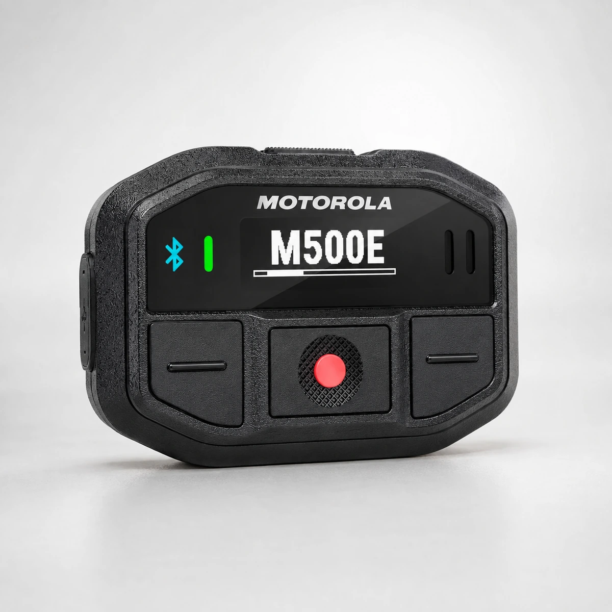 Motorola M5CH control head for the M500E, showing the monochrome display with a Bluetooth indicator, the two side keys and the red record button