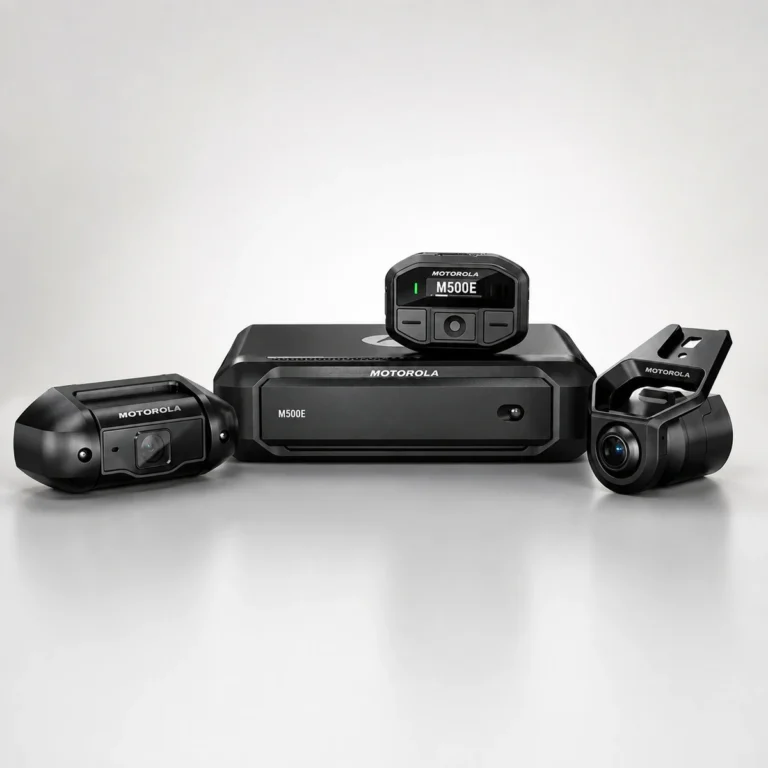 Motorola M500E in car video system, the core processor with the compact control head on top and the two cameras it supports beside it