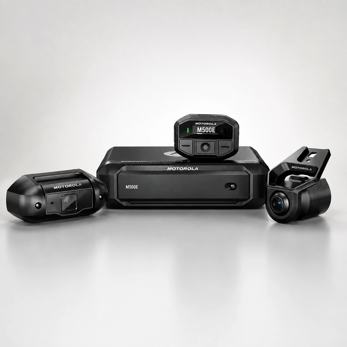Motorola M500E in car video system, the core processor with the compact control head on top and the two cameras it supports beside it