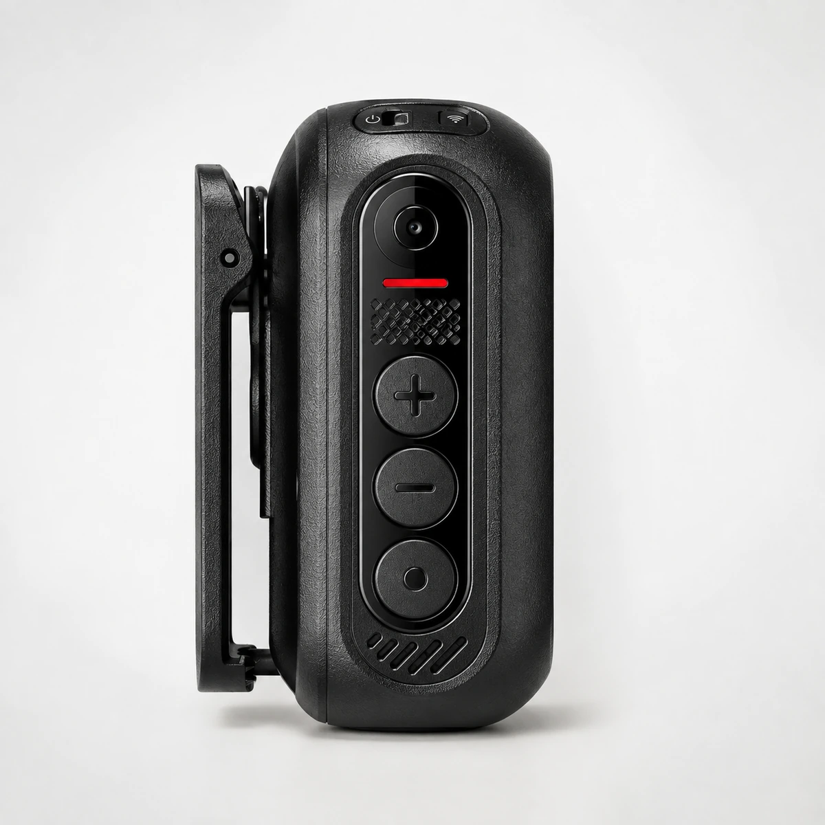 Motorola V200 body camera in profile, showing the rotating clip mount, the lens, the record key and the volume keys