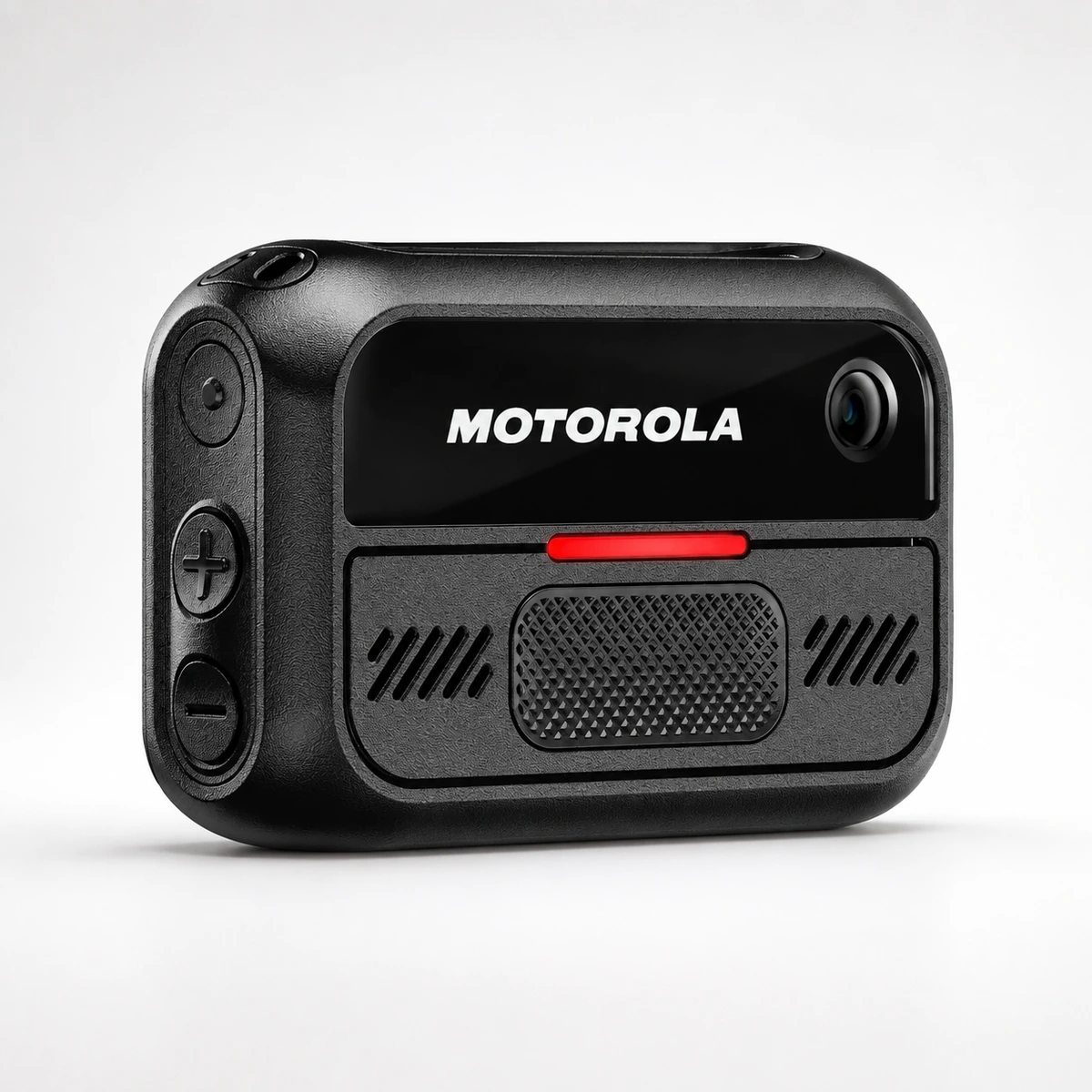 Motorola V200 body camera at a three quarter angle, showing the lens, the red recording indicator, the speaker and the volume keys