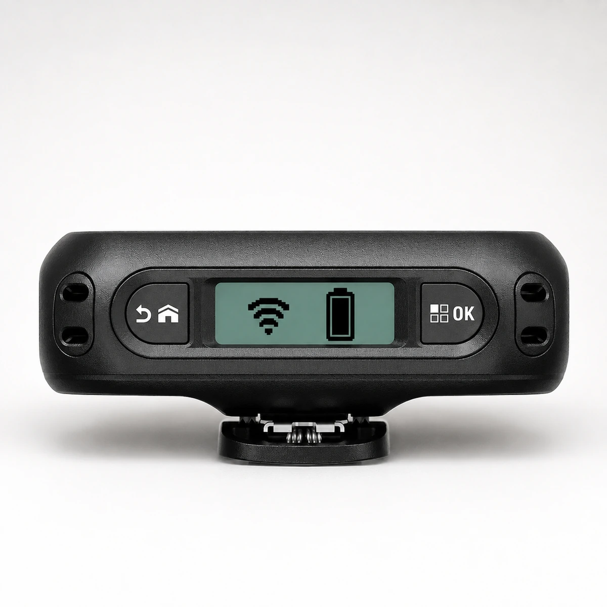 Motorola V200 body camera viewed from above, showing the backlit top panel LCD with Wi-Fi and battery icons beside the home and OK keys