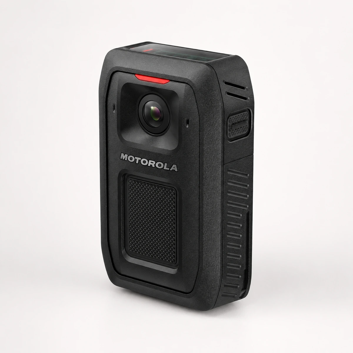 Motorola V500 body camera at a three quarter angle, showing the backlit top panel display, side controls and textured record button