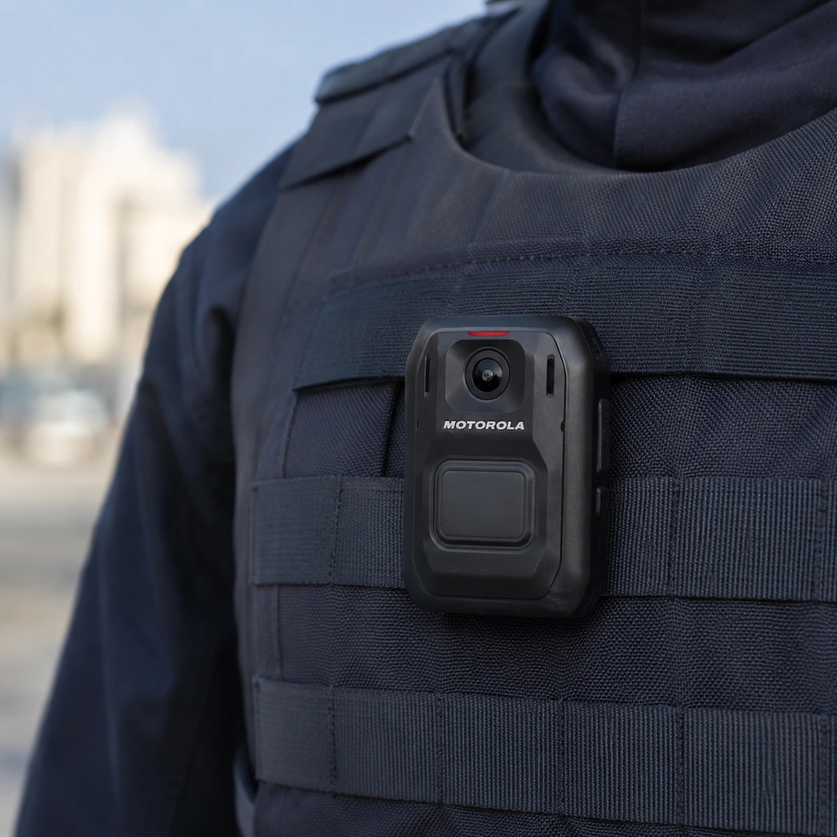 Motorola V500 body camera clipped to the MOLLE webbing of a dark blue tactical vest